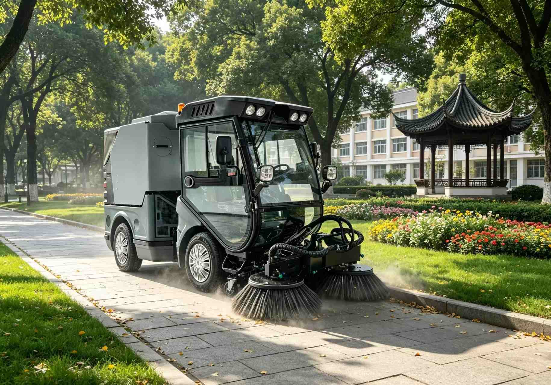 Compact road sweeper in public parks and squares